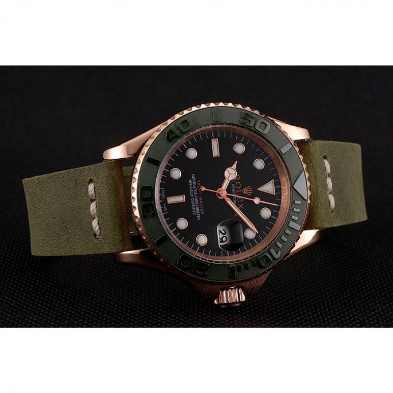 Rolex Yacht-Master Black Dial Green Bezel Rose Gold Case Green Leather Bracelet 1453862