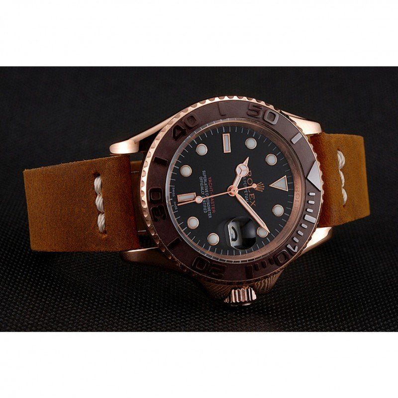 Rolex Yacht-Master Black Dial Brown Bezel Rose Gold Case Brown Leather Bracelet 1453860